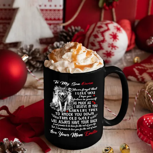 Miniatura 4 de Taza de café personalizada con texto en inglés «To My Son Never Forget That I Love You To Knock You To Knock You Down This Old Wolf Will Have Your