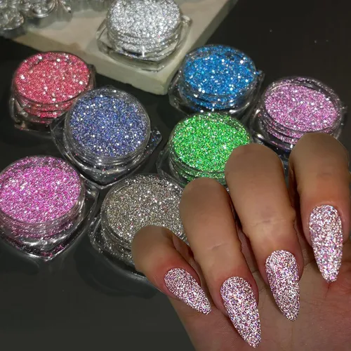 Juego de polvo de purpurina reflectante, 8 colores de purpurina de diamante para uñas, polvo de purpurina suelto plateado, rosa, morado, verde para
