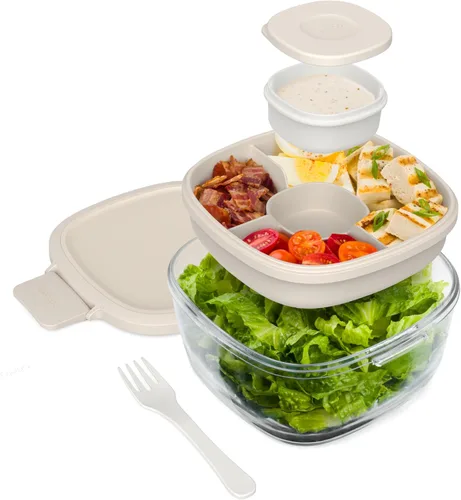 Miniatura 17 de Bentgo Recipiente de Ensalada de Vidrio Todo en Uno - Ensaladera Grande de 61 oz con Tapa, Bandeja Estilo Bento de 4 Compartimentos, Recipiente