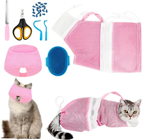 Miniatura 12 de Juego de baño para gatos, 8 piezas, red de ducha para gatos, bozal de malla, cepillo ajustable, cortaúñas, removedor de garrapatas, restricción