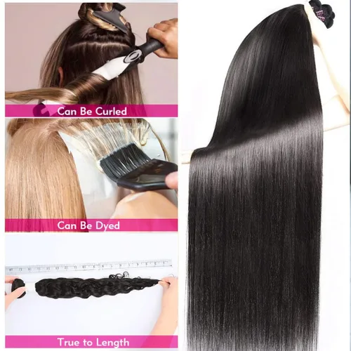 Miniatura 5 de Paquetes de pelo lacio brasileño, cabello humano virgen 100% sin procesar, color negro natural, 4 paquetes, 12, 14, 16 y 18 pulgadas