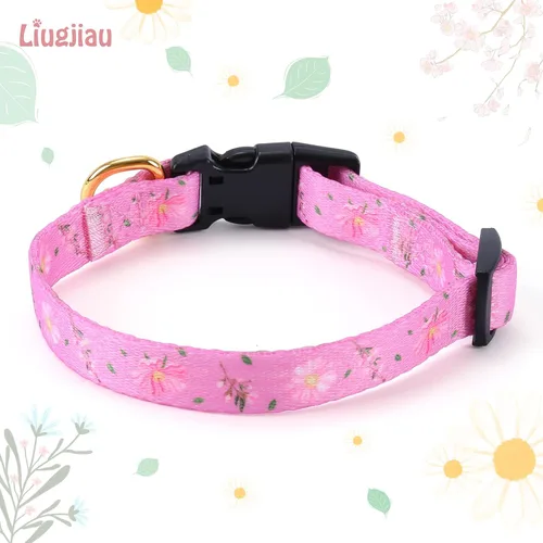 Miniatura 2 de Collar de perro de algodón hecho a mano para perros pequeños, medianos y grandes, flores rosadas con colgante, lindos collares de perro (M)