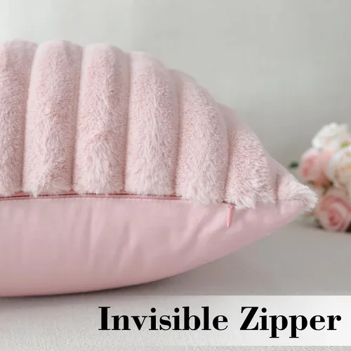Miniatura 8 de Soleebee Juego de 2 fundas de cojines decorativos de terciopelo suave y acogedor, funda de piel sintética de conejo para sofá, cama, silla, Rosa