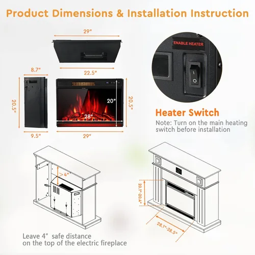 Miniatura 5 de COSTWAY - Chimenea eléctrica de inserción de 28 pulgadas de ancho, 900/1350W, calentador empotrado y de pie con control remoto, 3 colores de llama