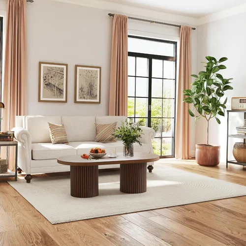 Miniatura 3 de Mesa de centro ovalada acanalada, mesa de centro de madera estilo granja, mesa central moderna de mediados de siglo boho para sala de estar y Nogal
