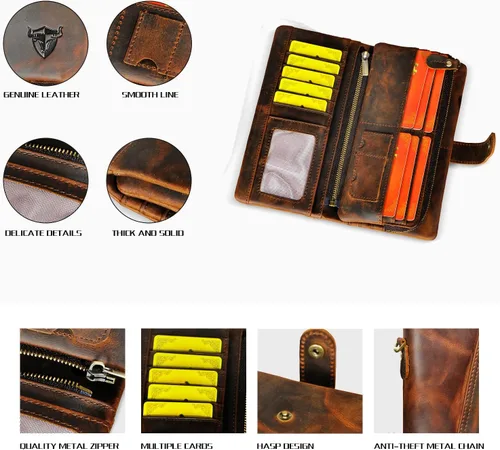 Miniatura 62 de Genuino Caballo Loco Cuero Regalo de Viaje Moneda Bolsillo Tarjetero Organizador Largo Cadena Rfid Cartera Monedero Con Broche Para Hombres Hombres