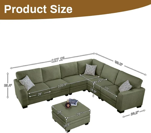 Miniatura 13 de Legend Vansen Sofá Seccional Modular de Gran Tamaño, Sofá en Forma de U de 7 Asientos con Otomana, Sofá de Pana con Asiento Profundo, Sofás Crema