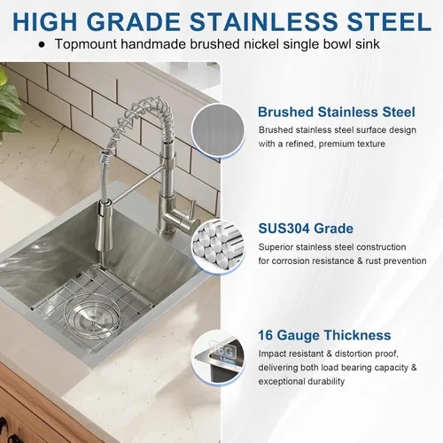 Miniatura 4 de 15x15 Inch Drop In Bar Sinks, Top Mount Handmade Single Bowl Small Kitchen Sink, 16 Gauge Stainless Steel Brushed Nickel for Wet Bar Prep RV Outdoor