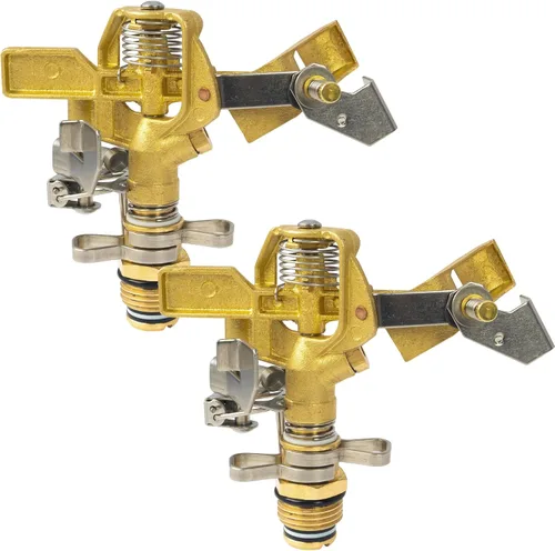 Hourleey Rociador de impacto de latón de 1/2 pulgada, paquete de 2 cabezales de rociador de agua resistente, patrón de cobertura ajustable de 0 a