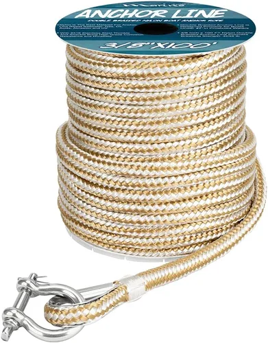MARINE SYSTEM Hecho de 3/8 pulgadas, 100 pies, 150 pies, línea de anclaje trenzada doble de nailon oro/blanco con dedal (3/8" x 100')