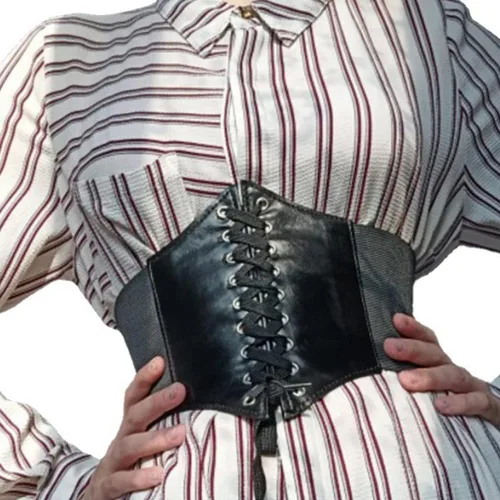 Miniatura 6 de Negro elástico mujeres atado Waspie corsé cintura cinturón PU cuero adelgazamiento cuerpo cintura superior bajo busto Cinch vestido Faja cordón