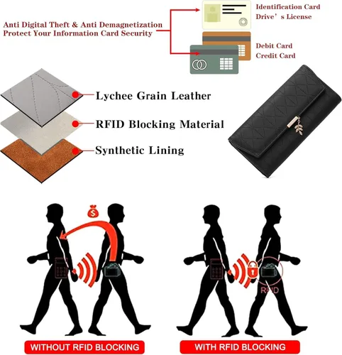 Miniatura 6 de aurrako Carteras de cuero para mujer, tarjetero de cuero RFID, triple pliegue, monedas, bolsillo con cremallera y ventana de identificación, gran