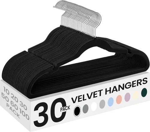 SONGMICS Paquete de 30 perchas de terciopelo antideslizantes con muescas para el hombro, barra para pantalones, gancho giratorio de 360°, ahorro de