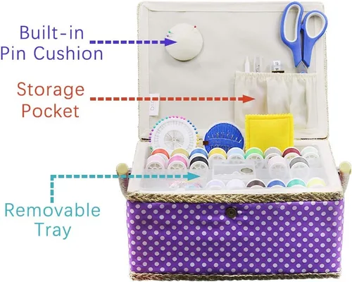 Miniatura 5 de Cesta de costura grande con accesorios, caja organizadora de costura de madera para suministros de costura y almacenamiento de herramientas de Morado
