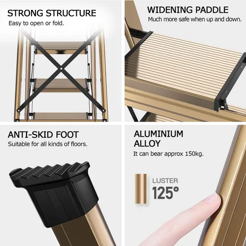 Miniatura 6 de escalera ligera de aluminio de 4 peldaños, taburete plegable con pedal antideslizante y ancho para uso en el hogar y la cocina, ahorro de espacio