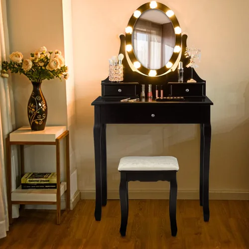 Giantex Juego de tocador con espejo iluminado, mesa de maquillaje con 10 luces rosadas, escritorio de tocador moderno con taburete acolchado, 3