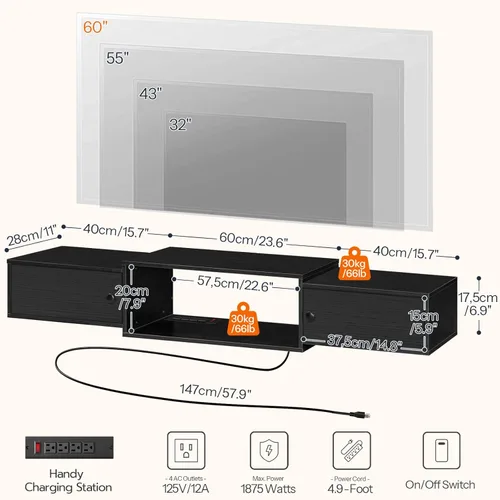 Miniatura 2 de HOOBRO BK11UDS01 - Soporte flotante de 55 pulgadas para TV con tomas de corriente, moderno estante de consola multimedia montado en la pared