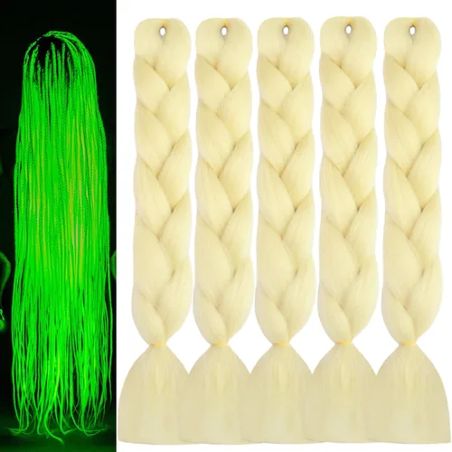 Cabello trenzado rubio 613 de 24 pulgadas, 5 piezas de trenzas luminosas que brillan en la oscuridad (rubio platino)