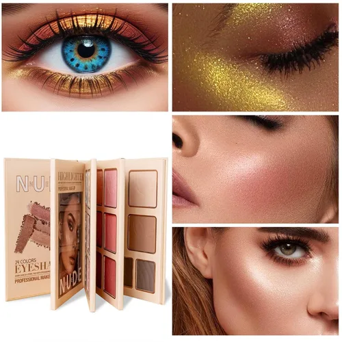 Miniatura 5 de Paleta de maquillaje, sombra de ojos, resaltador, rubor y contorno, juego de paleta de maquillaje plegable estilo libro de 4 capas, brillo metálico