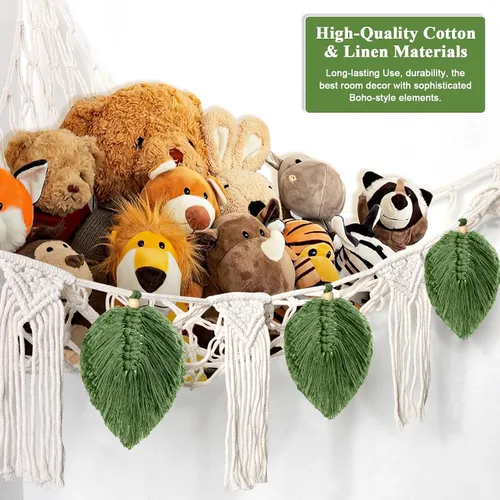 Miniatura 4 de Dremisland Hamaca de red de juguetes de peluche con luz de estrella, hoja bohemia de macramé, borla de macramé, organizador de juguetes