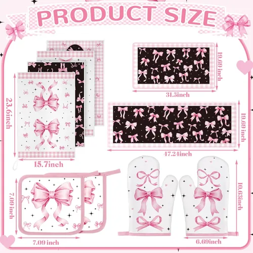 Miniatura 3 de Fourluoo Juego de 10 piezas de decoración de cocina con lazo rosa, 4 paños de cocina a cuadros rosados, 2 soportes para ollas, 2 guantes de horno, 2