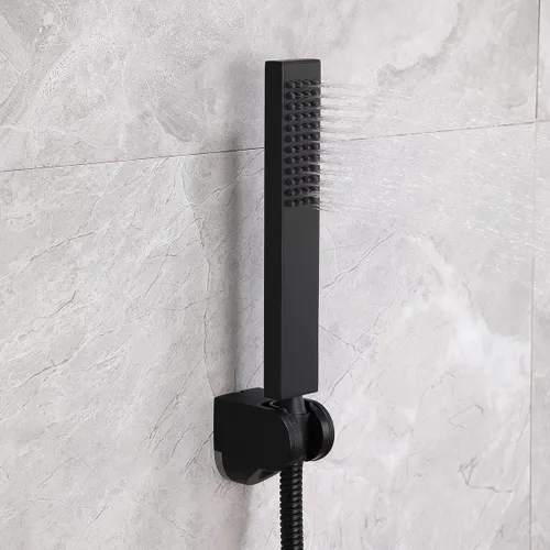 Miniatura 2 de Asyas Cabezal rociador de ducha de mano cuadrado de latón macizo con conector de pared ajustable, soporte de ducha y manguera, negro mate de alta