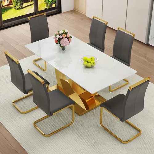 Miniatura 12 de Juego de Mesa de Comedor Negra para 6, Mesa de Comedor de Mármol Falso de 71" para 6, Juego de Mesa de Cocina Rectangular con Sillas de Cuero PU