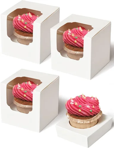 Miniatura 16 de Happyhiram Cajas para cupcakes, 50 unidades, color blanco, individual, soportes de cartón con inserto y ventana para magdalenas, bombas de cacao