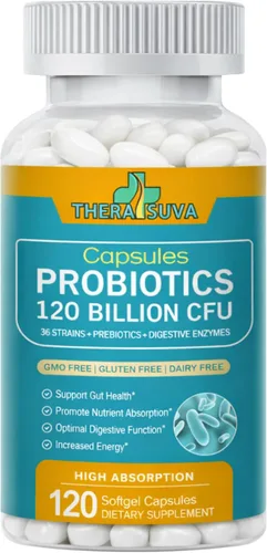 TheraSuva Probióticos 120 mil millones de cepas CFU-36 + prebióticos orgánicos + suplemento alimenticio integral natural para un mejor apoyo a la