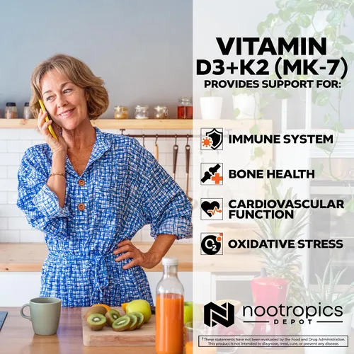 Miniatura 4 de Nootropics Depot Vitamina D3 + K2 con tabletas de vitamina C 365 unidades 125μg Equivalente a 5000 UI Año de suministro