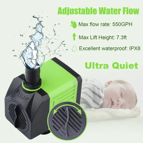 Miniatura 2 de Aysoner Bomba de agua sumergible: 550 GPH 30 W ajustable ultra silenciosa pequeña bomba de estanque con cable de alimentación de 6 pies para acuario