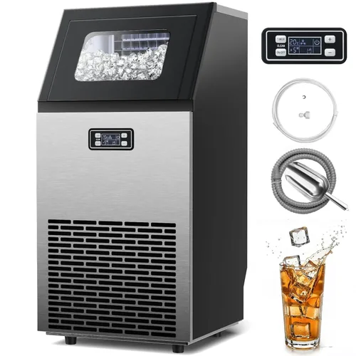 Kismile Máquina de hielo comercial, 100 libras/24 horas, 45 cubos/lote en 11-20 minutos, acero inoxidable independiente con doble autolimpieza y 2