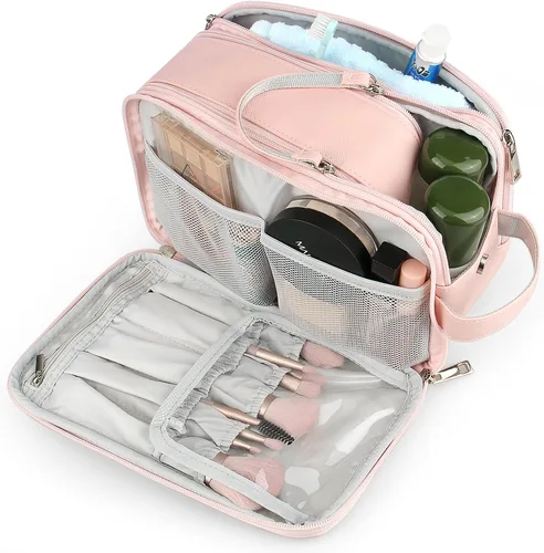 Miniatura 2 de Neceser para mujer, organizador de bolsa de viaje de maquillaje, bolsa de cosméticos de baño grande, kit de Dopp de viaje, bolsa de ducha, Rosa, L