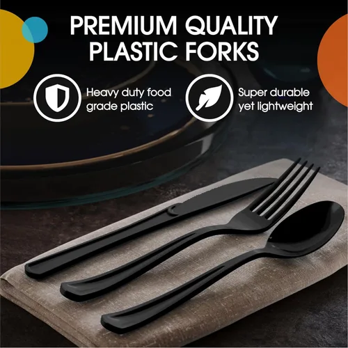 Miniatura 4 de Party Solids - Juego de cubiertos de plástico negro resistente de 300 piezas, cubiertos desechables negros resistentes, juegos de utensilios, 100