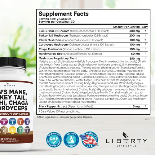 Miniatura 2 de Liberty Lifestyle Suplemento de Hongo Melena de León con Cola de Turquía, Reishi, Cordyceps, Chaga y Raíz de Malvavisco - Pack de 3