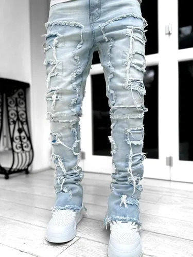 Miniatura 2 de Kodaruber Jeans apilados para hombre, ajustados, rasgados, elásticos, desgastados, rectos, pantalones de mezclilla hip hop, ropa de calle