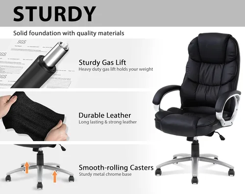 Miniatura 4 de Silla de oficina ergonómica, sillas de oficina de cuero sintético con respaldo alto con ruedas y brazos, altura ajustable, silla ejecutiva cómoda