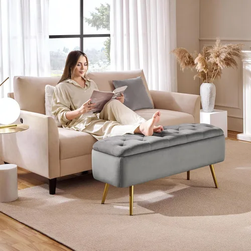 Miniatura 2 de Yaheetech Otomana con almacenamiento, 2 piezas, banco de entrada de terciopelo con bisagra de seguridad, banco tapizado con asiento para dormitorio