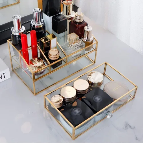 Miniatura 6 de YUEHUA Organizador de maquillaje de cristal, organizador de brochas de maquillaje transparente, caja de exhibición de joyas, esmalte de uñas dorado