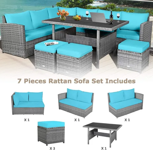 Miniatura 6 de HAPPYGRILL Juego de muebles de mimbre de ratán de 7 piezas, juego de muebles de patio al aire libre con cojines, juego de sofá de ratán con mesa