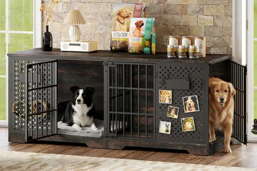 HOOBRO Mueble de jaula para perros de 71 pulgadas para 2 perros grandes, perrera de interior resistente con divisor extraíble y etiquetas de nombre,