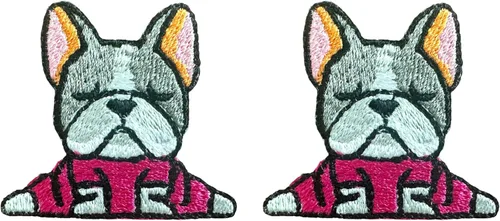 TH - Juego de 2 minúsculos, bulldog francés, cachorro, mascota, lindo logotipo de dibujos animados, 2 parches para coser para planchar en bordado,