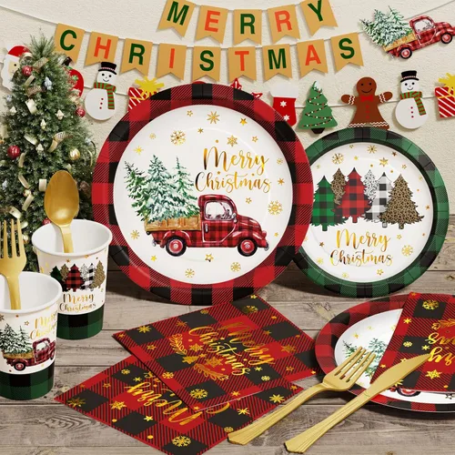 Miniatura 4 de Suministros de decoración de fiesta de Navidad - 175 piezas de juego de vajilla desechable de Navidad (25 invitados) con camión a cuadros de búfalo