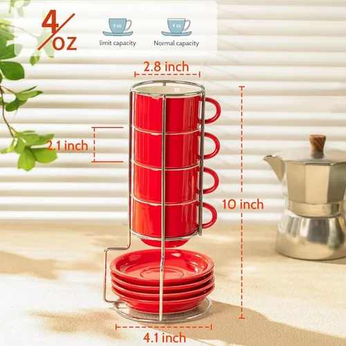 Miniatura 6 de SWEESE - Tazas de porcelana apilables, de 8 onzas, con platillos y soporte de metal, para bebidas especializadas del café, capuchino, latte, Rojo