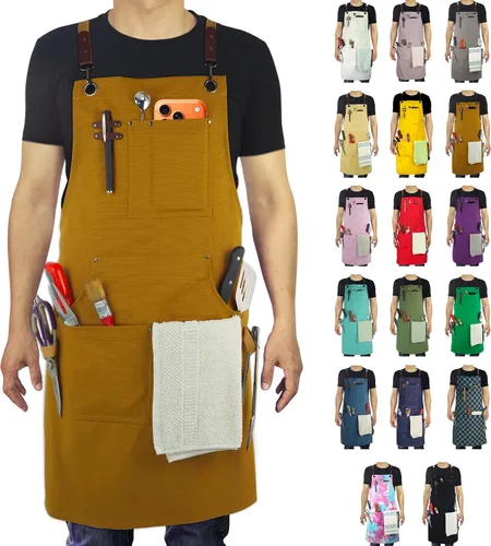 Delantal de Cocina, Delantal de Trabajo, Lona, Múltiples Bolsillos, Jardinería, Pintura, BBQ, Artista, Carpintero, Tallas M a XXL, Caqui