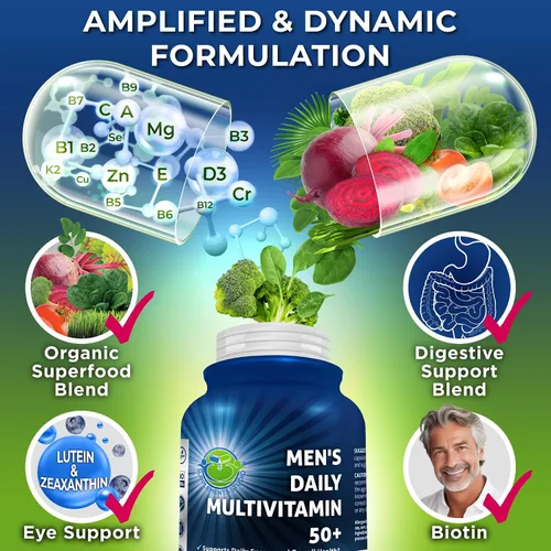 Miniatura 3 de Multivitamínico diario para hombres 50 Plus - Multivitamínico vegano metilado para hombres de 50 años o más - Saw Palmetto, Biotina, Superalimentos