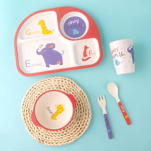 Miniatura 2 de Set de alimentación para niños 5 piezas, juego de vajilla para niños pequeños incluye plato, tazón, taza, tenedor y cuchara, juego de cubiertos