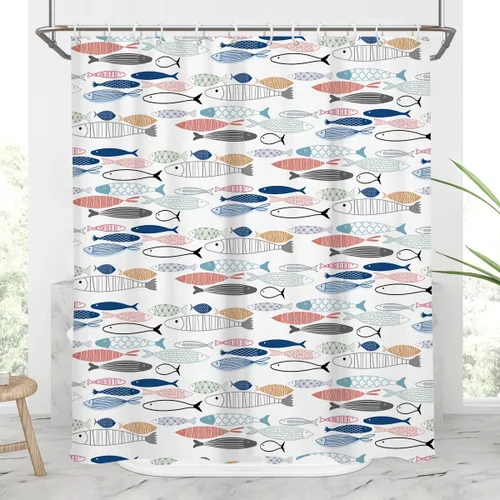 AAtter Cortina de ducha con diseño de peces para niños, divertida, colorida, para niños y niñas, océano, playa, náutico, costero, divertido, lindo