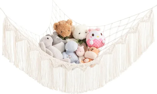 Mkono Hamaca de animales de peluche, organizador de almacenamiento de juguetes de macramé con luces y borlas, estilo bohemio, para colgar, red de