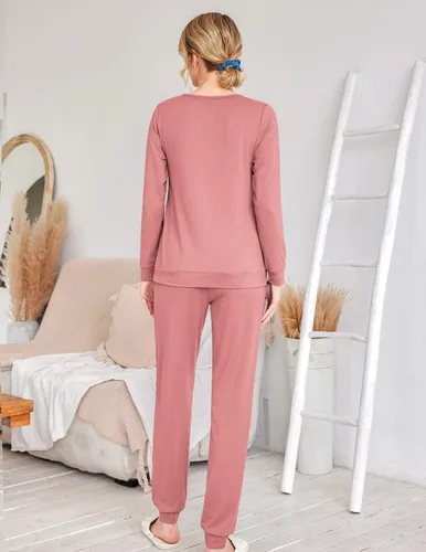 Miniatura 33 de Ekouaer Conjunto de pijama de manga larga para mujer, ropa de dormir suave con cuello redondo y bolsillos